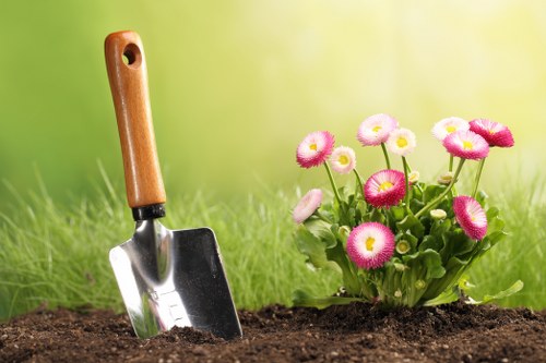 Low-maintenance Willesden garden landscaping with shrubs and lawn area
